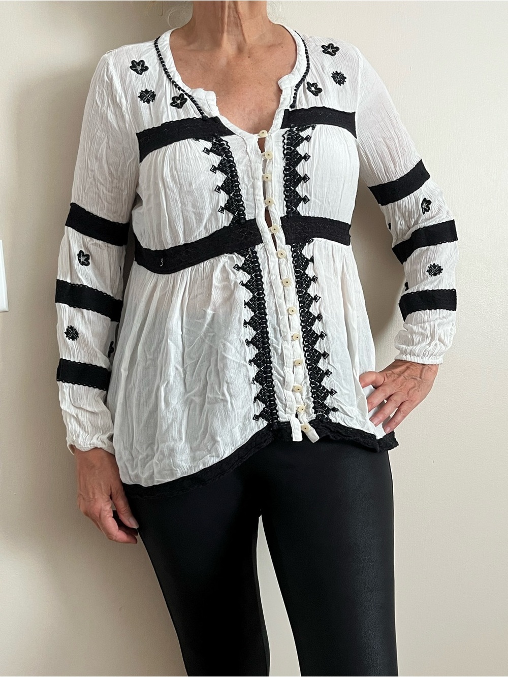 Free People White Blouse with Black Embroidered Trim